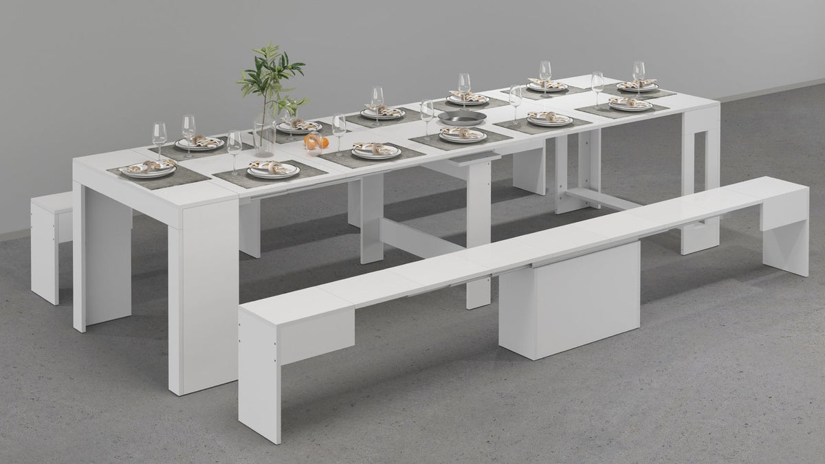 Tavolo ORION bianco opaco allungato con panche laterali apparecchiato #colore_Bianco Lucido