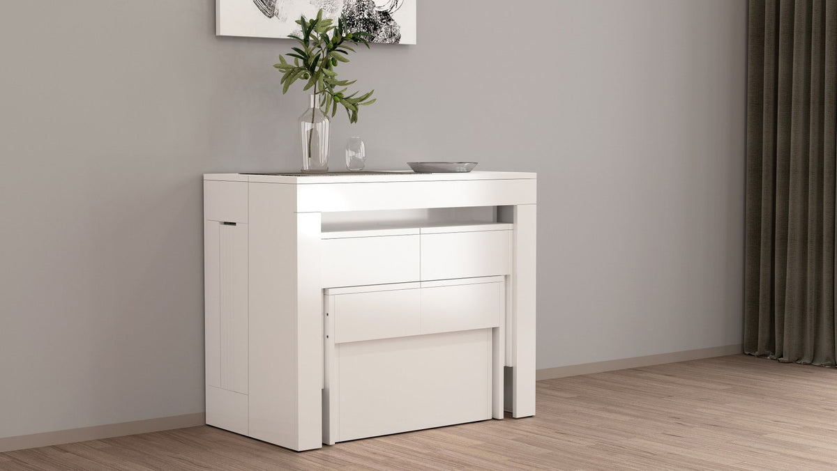 Render ORION bianco lucido di mobile con cassetti e vaso di vetro sul piano #colore_Bianco Lucido