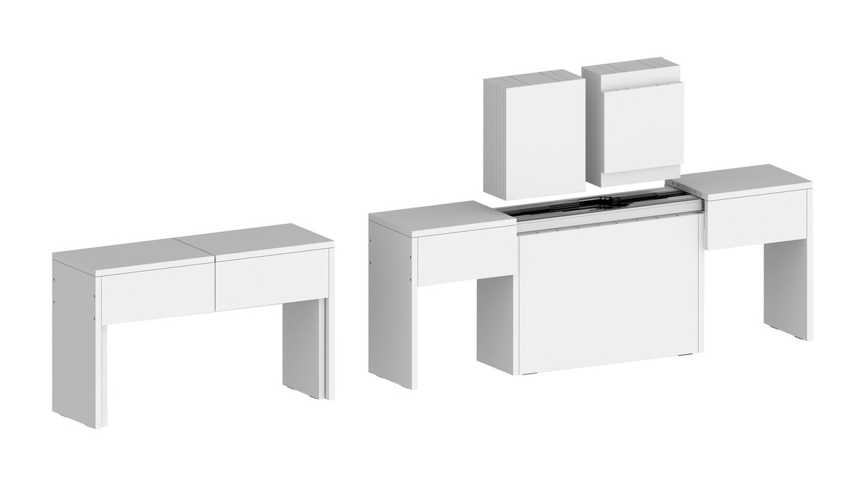 Render ORION bianco opaco di panca chiusa e aperta con piano centrale estratto #colore_Bianco Lucido