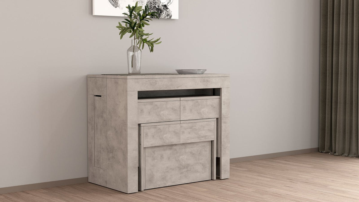 Mobile ORION cemento bronx chiuso di tre quarti in soggiorno con vaso di vetro sopra #colore_Cemento Bronx