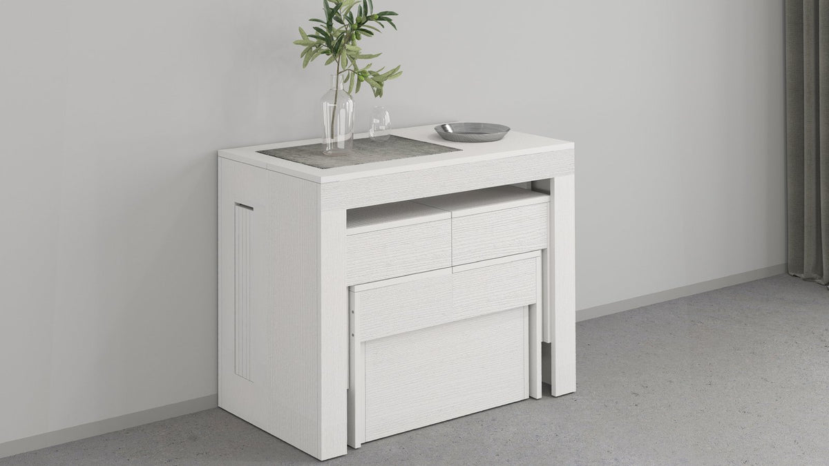 Consolle ORION bianco larice con inserto grigio sul piano e pannello scorrevole #colore_Bianco Larice