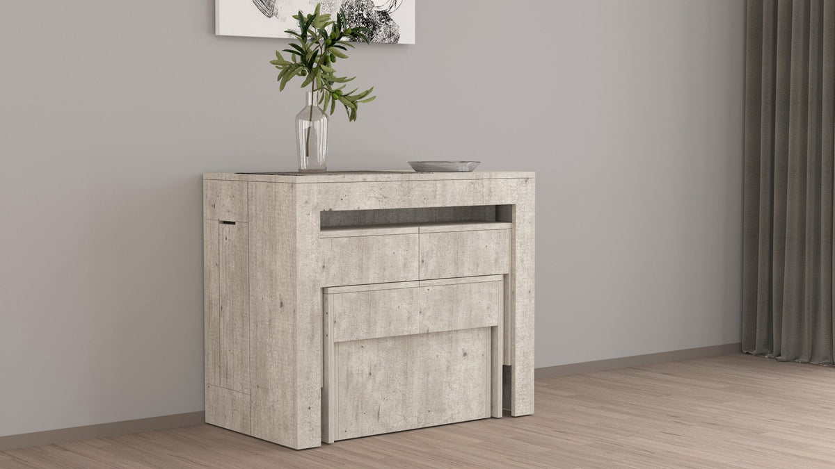 Mobile ORION cemento basso di tre quarti in soggiorno con vaso sopra #colore_Cemento