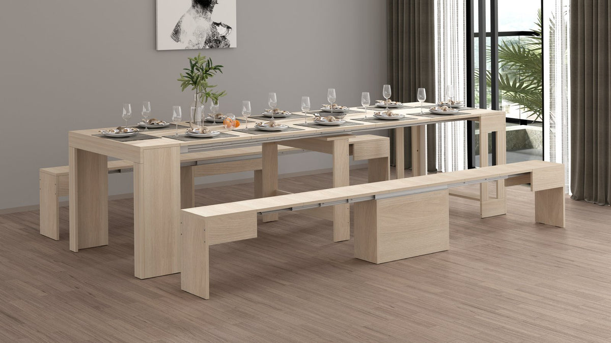 Tavolo ORION olmo allungato con panche laterali e guide argentate in sala #colore_Olmo