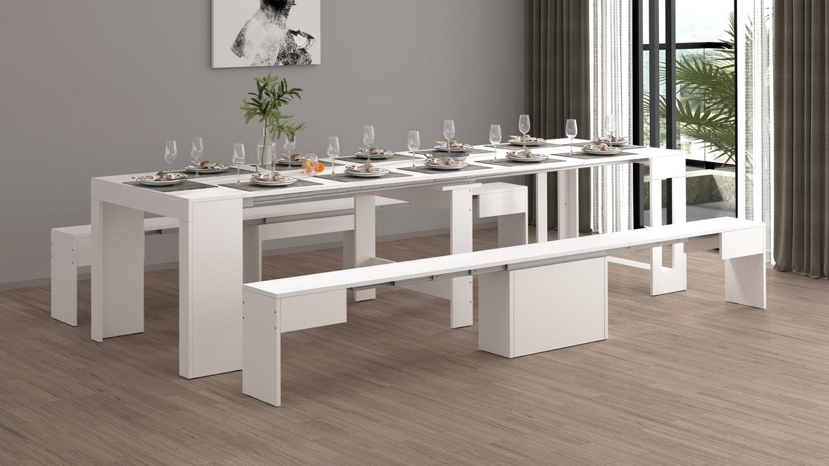 Render tavola ORION bianco lucido allungata con panche e piano grigio scuro #colore_Bianco Lucido