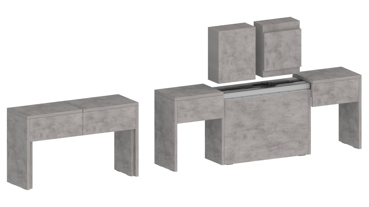 Due panche ORION cemento bronx chiusa e allungata affiancate su fondo bianco #colore_Cemento Bronx