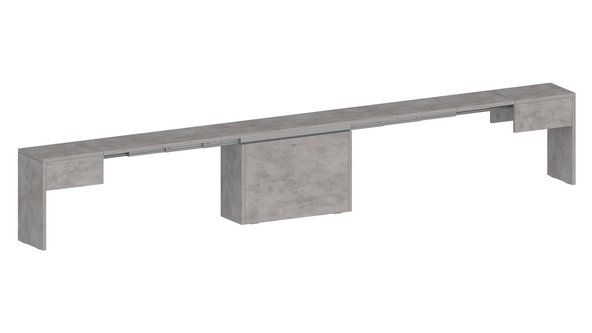 Render panca ORION cemento bronx allungata con binari metallici sotto il piano #colore_Cemento Bronx
