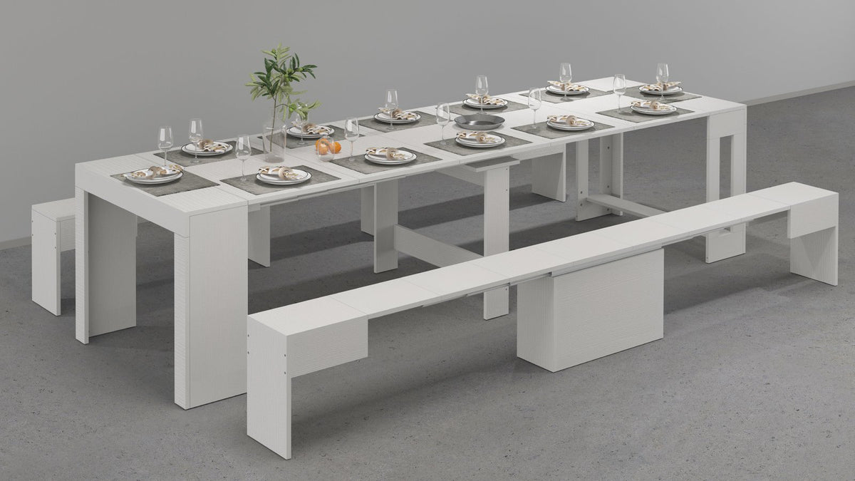 Render tavolo ORION bianco larice con prolunghe estratte e due panche ai lati #colore_Bianco Larice