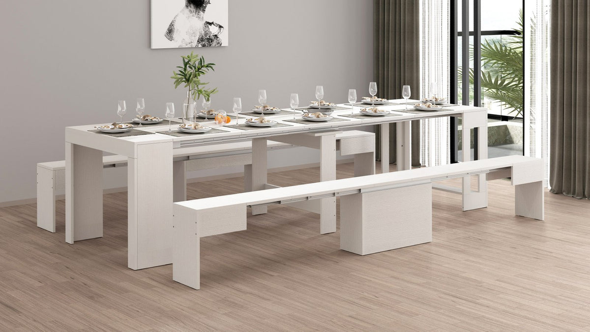 Tavolo ORION bianco larice allungato con due panche in sala da pranzo #colore_Bianco Larice