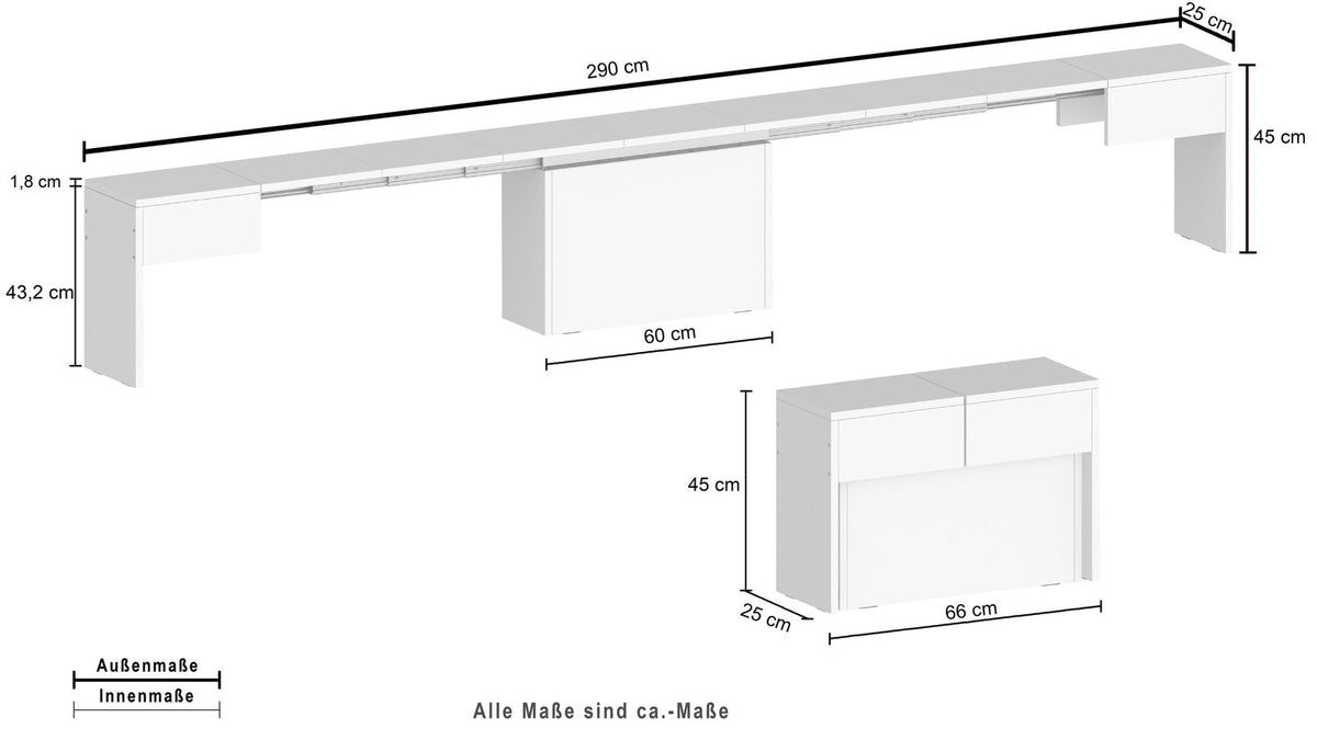 Disegno tecnico ORION bianco larice con quote 290 cm, 66 cm e 45 cm #colore_Bianco Larice