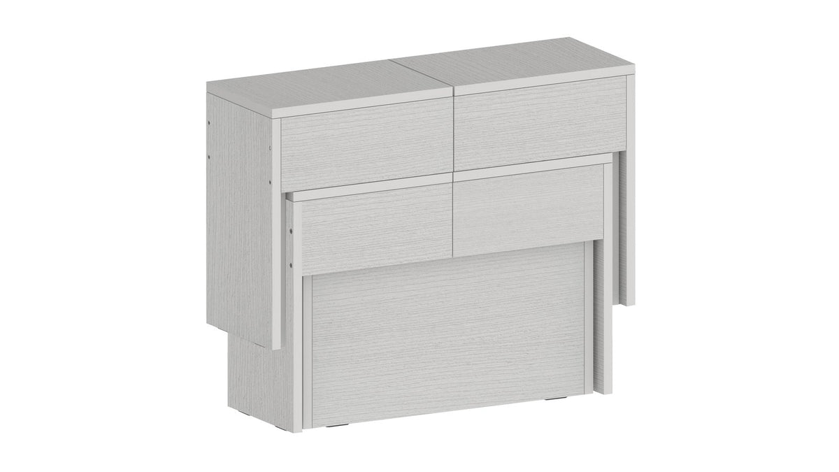 Render ORION bianco larice con piani sfalsati e pannelli frontali scorrevoli #colore_Bianco Larice