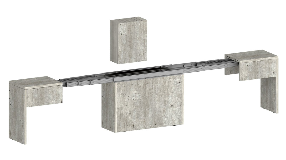 Render esploso ORION cemento con guida telescopica e blocco sospeso #colore_Cemento