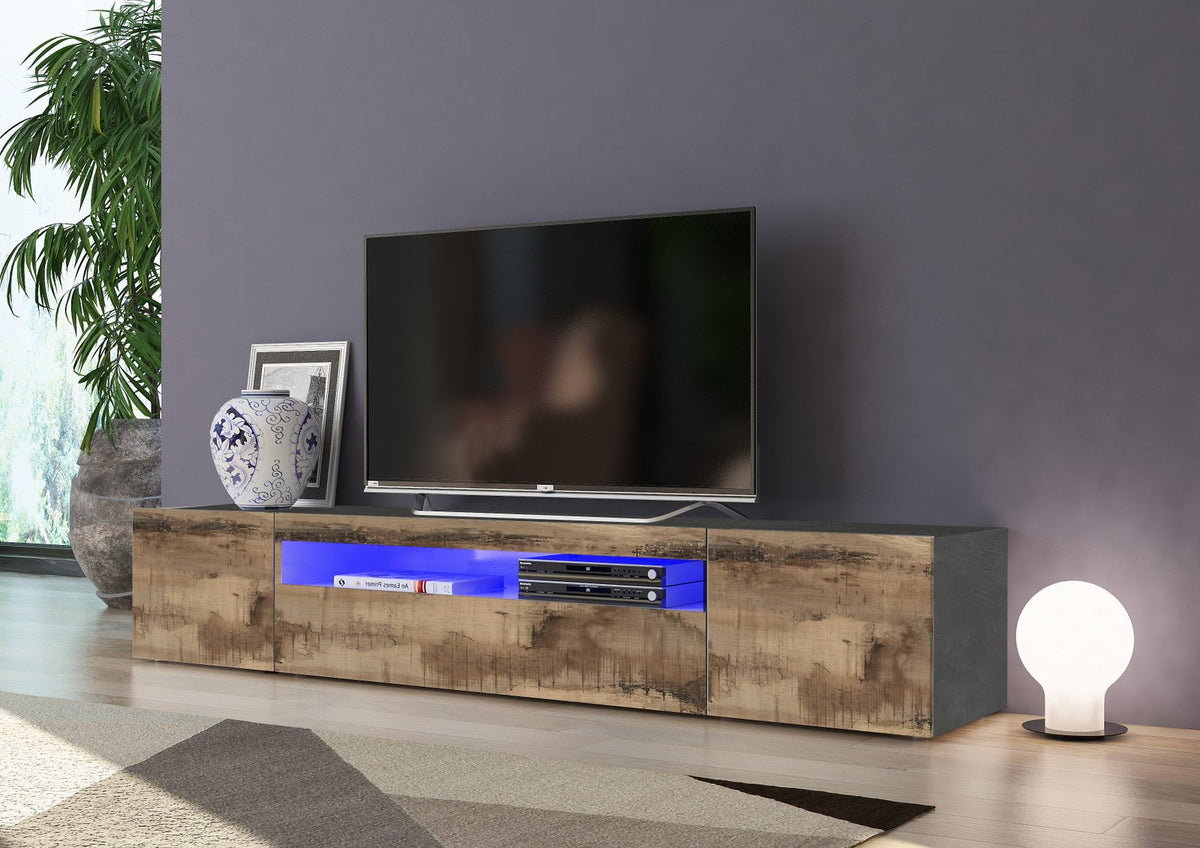 Porta TV FUSION acero pereira in ambiente viola con vano illuminato di blu #colore_Ardesia/Acero Pereira