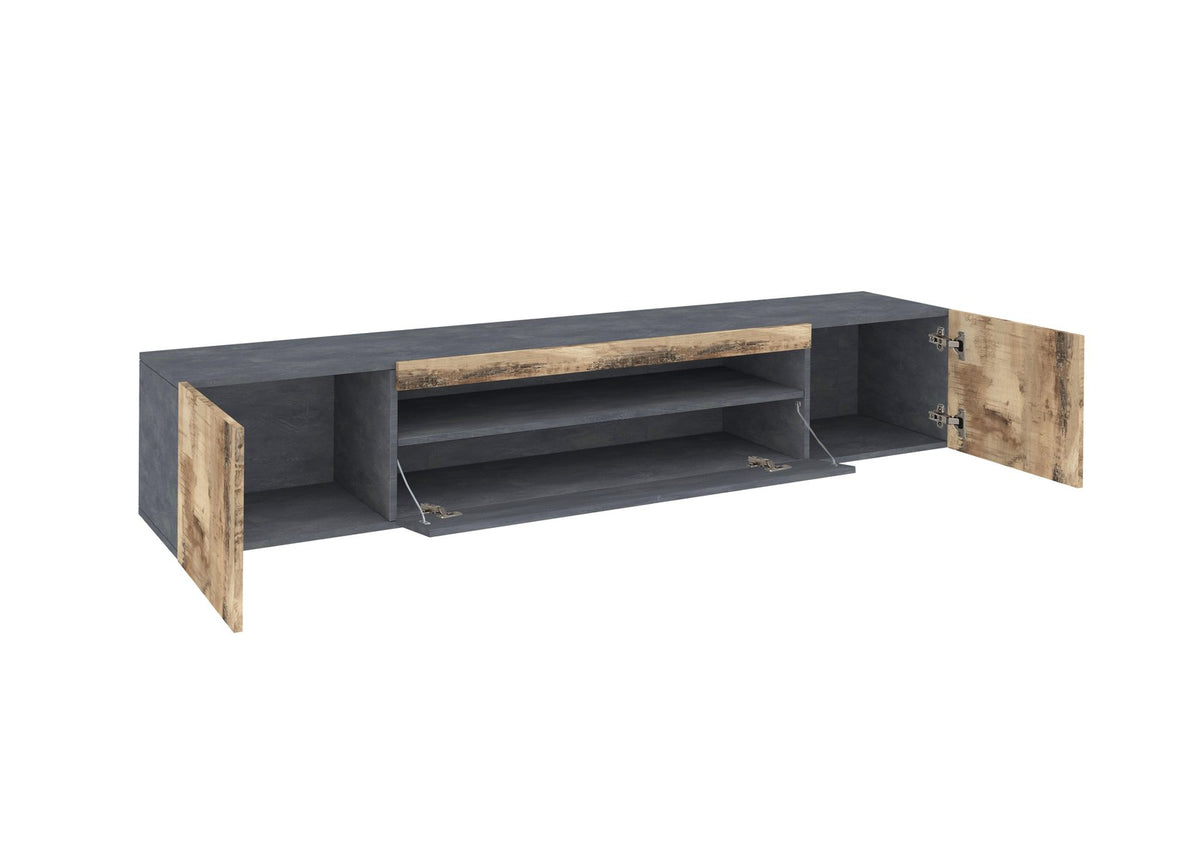 Porta TV FUSION ardesia con ante aperte, ribalta sostenuta da pistoncini #colore_Ardesia/Acero Pereira