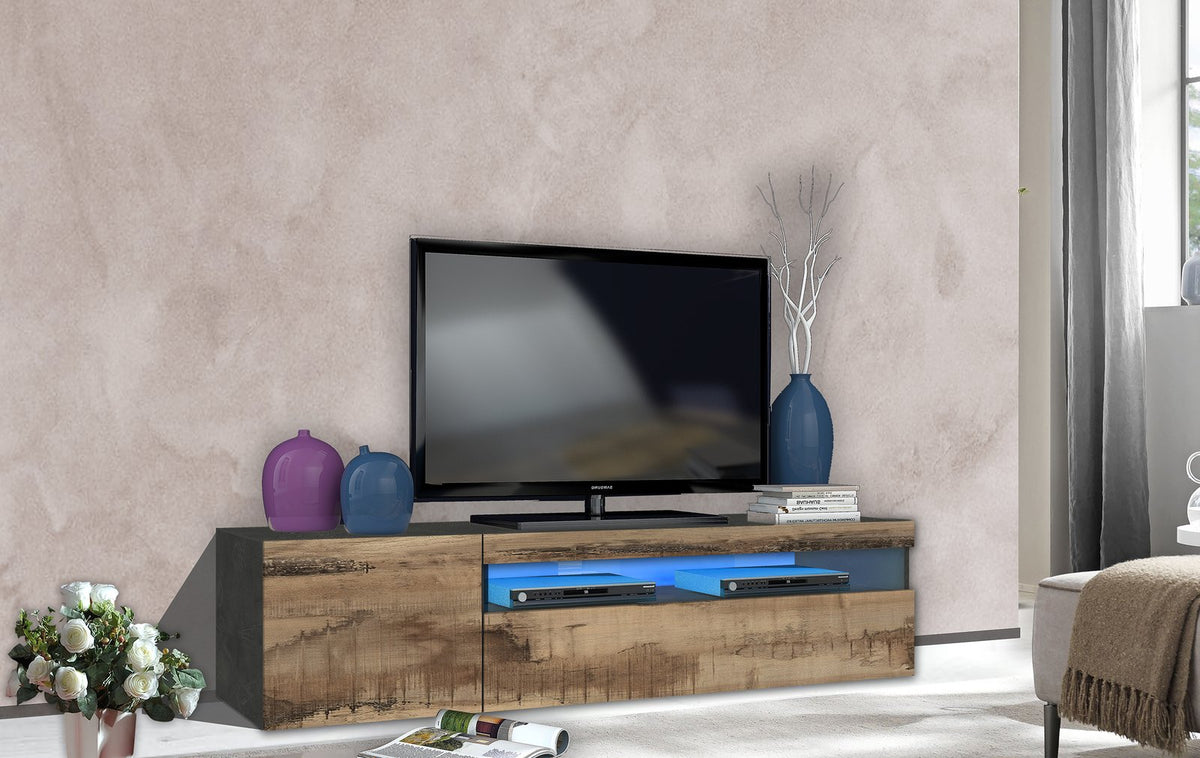 Porta TV FUSION ardesia e acero Pereira in soggiorno con vano centrale illuminato da LED azzurro #colore_Ardesia/Acero Pereira