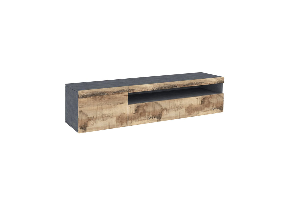Porta TV FUSION ardesia e acero Pereira su sfondo bianco, due ribalte affiancate #colore_Ardesia/Acero Pereira
