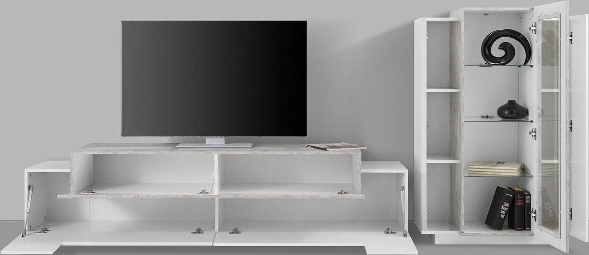 Parete CELESTIA bianco lucido e cemento con ante ribaltabili aperte e vetrina a battente #colore_Bianco Lucido/Cemento