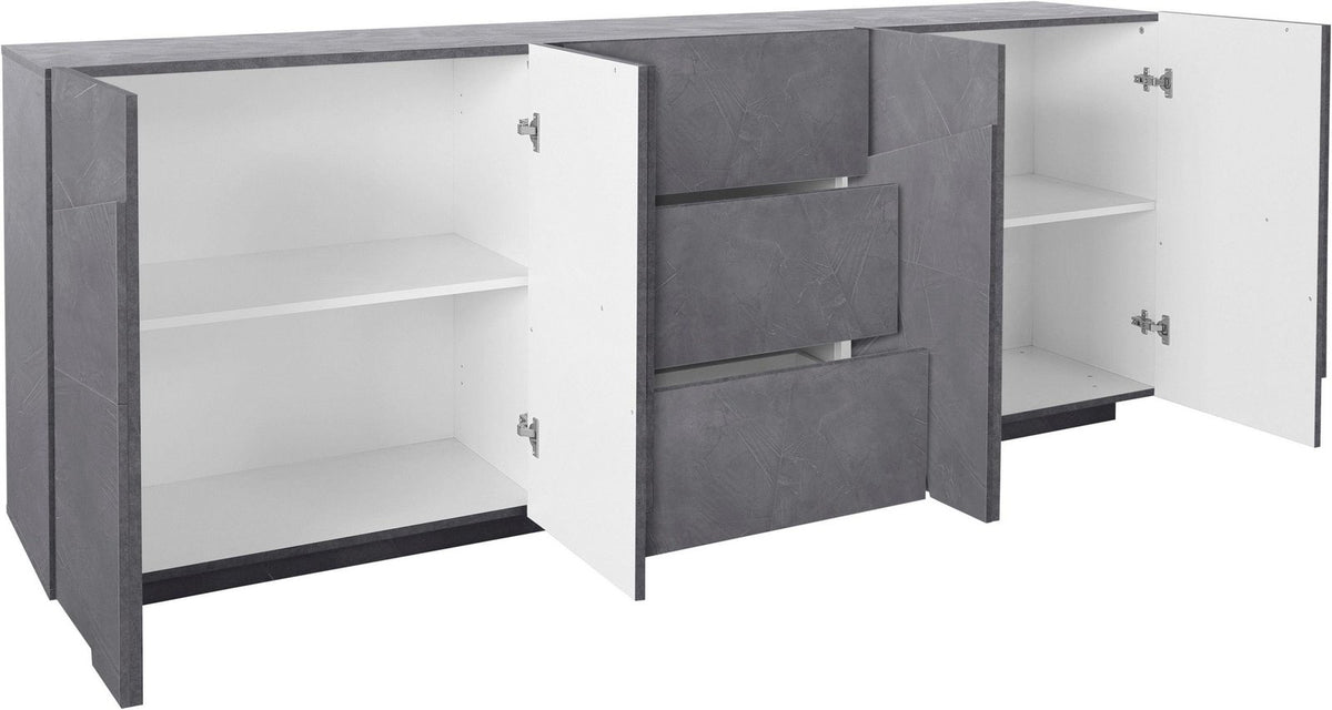 Credenza PULSE ardesia effetto pietra con ante laterali aperte e tre cassetti centrali impilati #colore_Ardesia