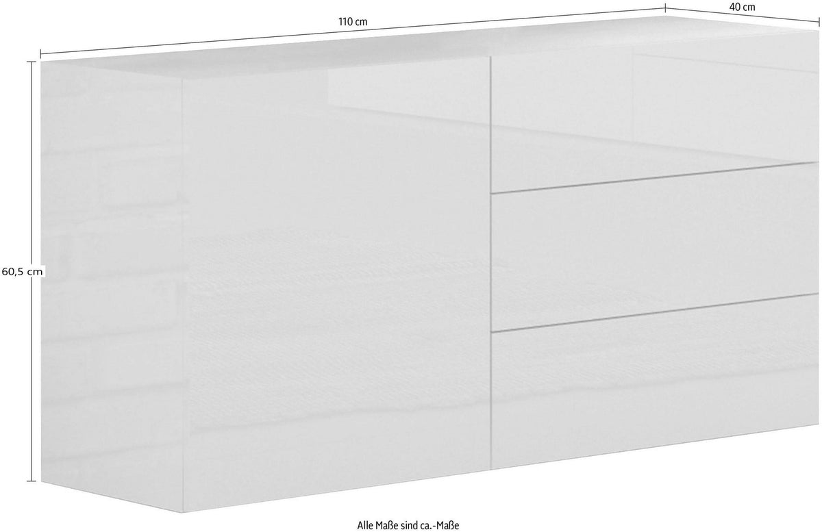 Credenza NEXUS bianco lucido con misure: 110 cm di larghezza, 40 di profondità, 60,5 di altezza
