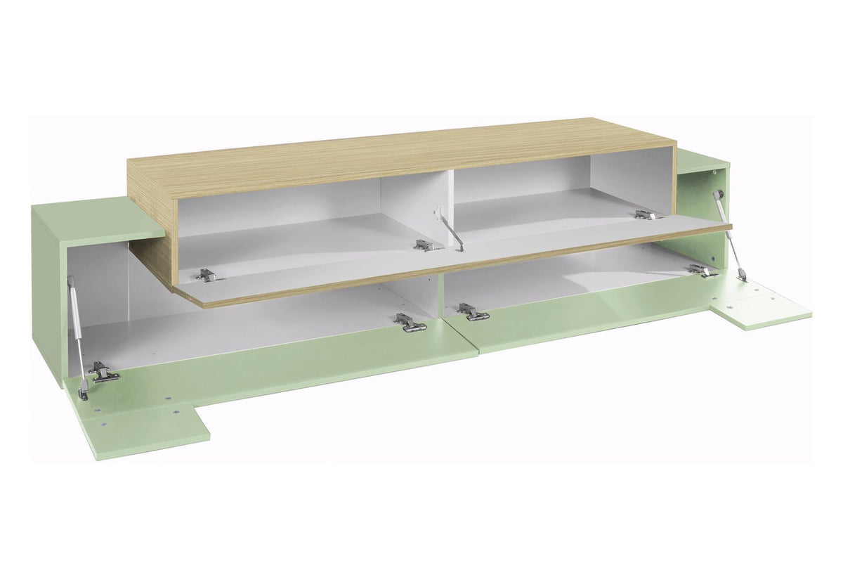 Porta TV CELESTIA verde con ante e ribalte aperte, interni bianchi #colore_Verde