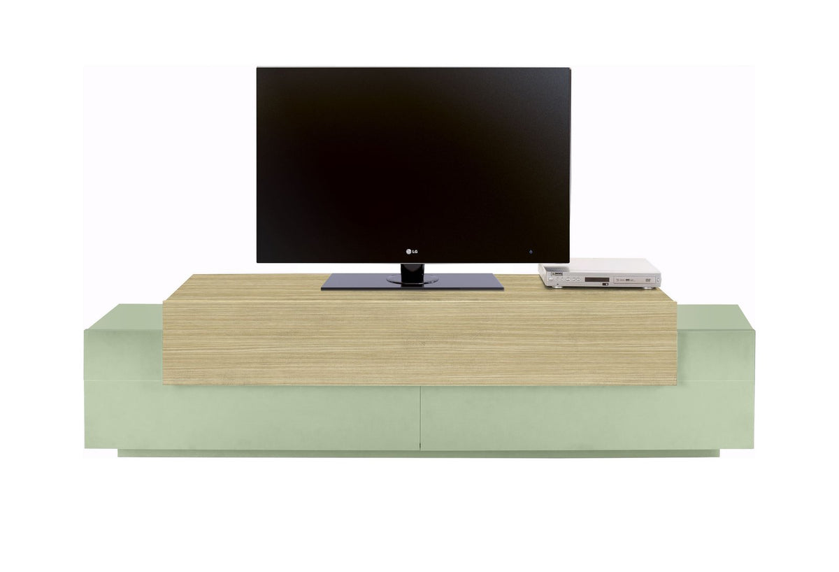 Porta TV CELESTIA verde salvia frontale con ripiano in legno chiaro, su fondo bianco #colore_Verde