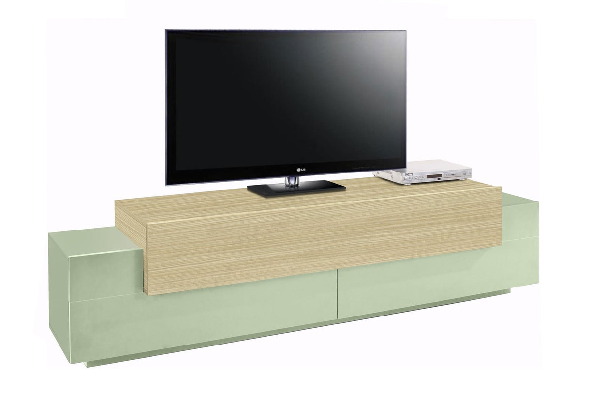Porta TV CELESTIA verde salvia con piano in legno chiaro, vista di tre quarti #colore_Verde
