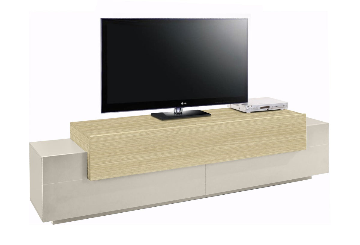 Porta TV CELESTIA cashmere con piano in legno chiaro, vista di tre quarti #colore_Cashmere