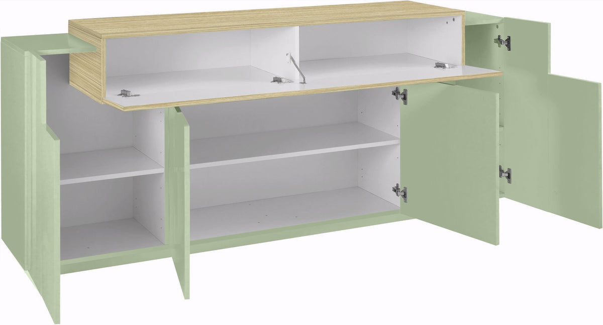 Credenza CELESTIA verde acqua con ribalta e ante aperte, vista dei ripiani bianchi su fondo bianco #colore_Verde