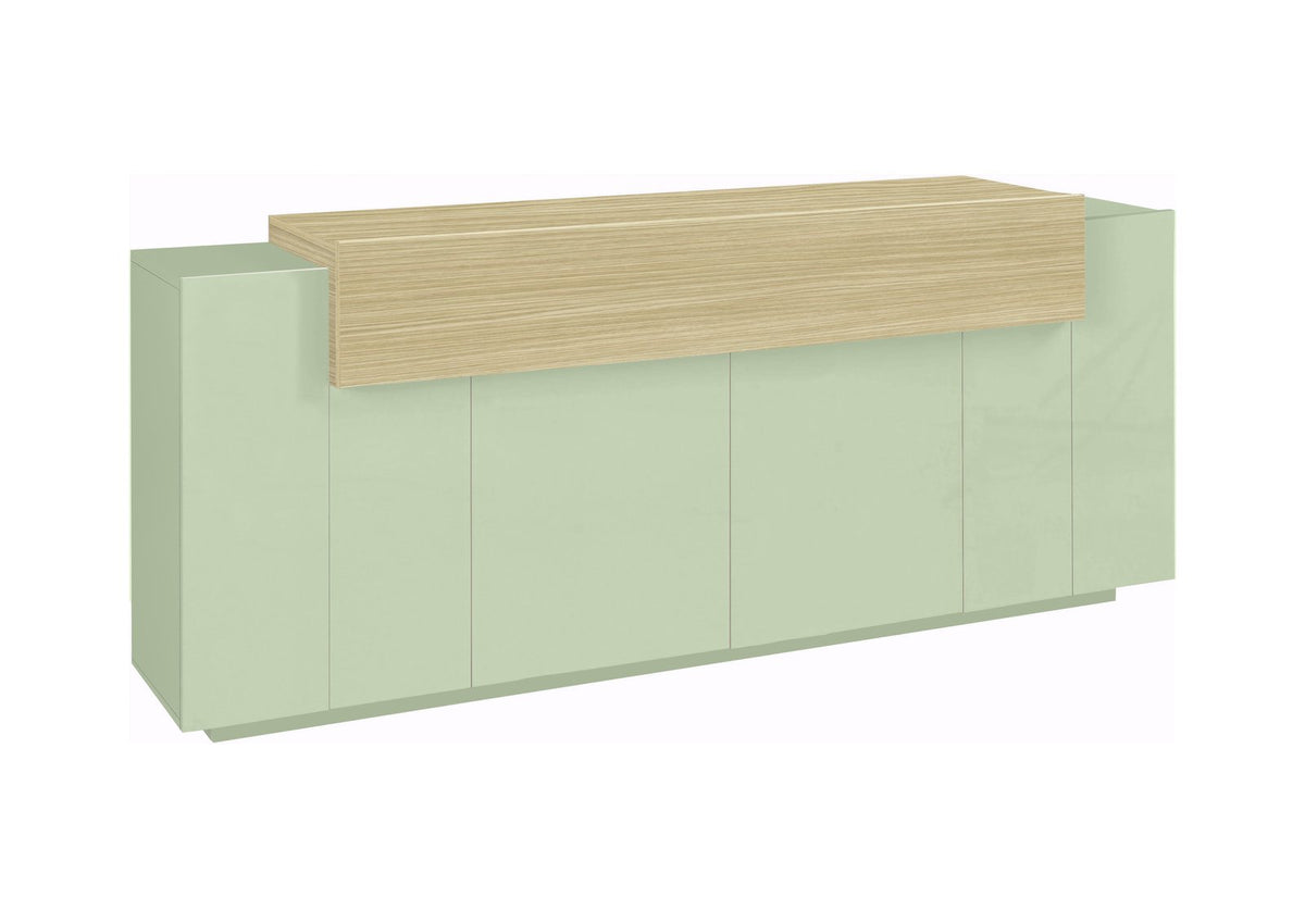 Rendering della credenza CELESTIA verde chiaro su fondo bianco, vista tre quarti delle quattro ante #colore_Verde