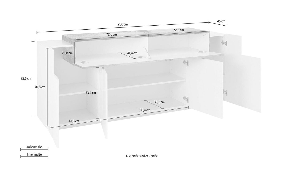 Misure della credenza CELESTIA cashmere con ante aperte e quote in centimetri su fondo bianco #colore_Cashmere
