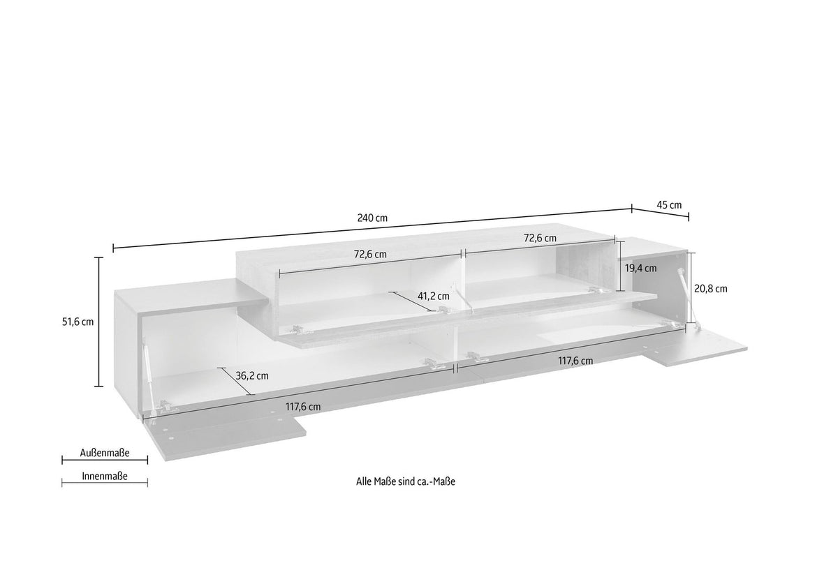 Misure quotate del porta TV CELESTIA verde con vani interni e larghezza complessiva di 240 cm #colore_Verde