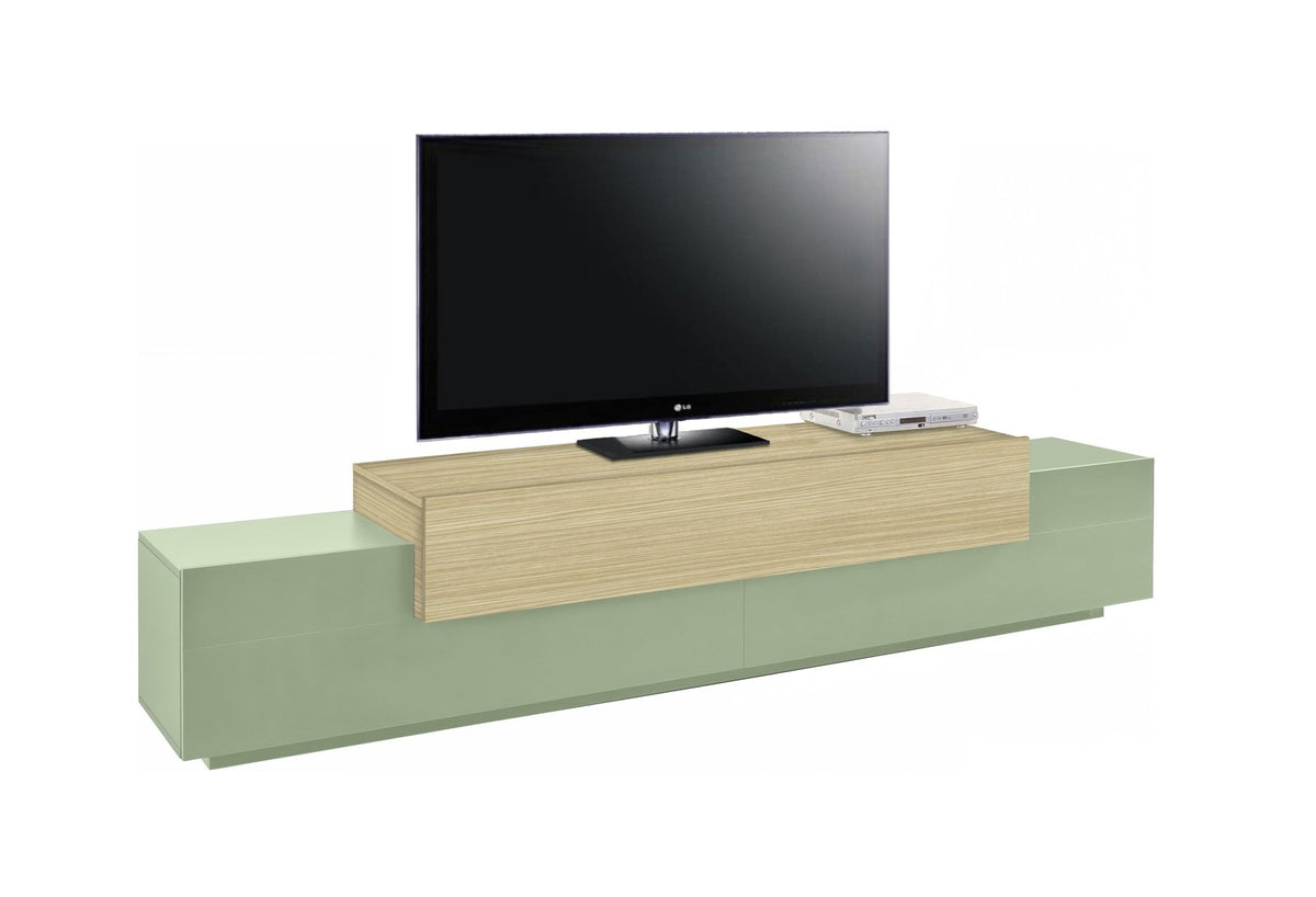 Porta TV CELESTIA verde salvia con ribalta in rovere chiaro e TV LG, di tre quarti #colore_Verde