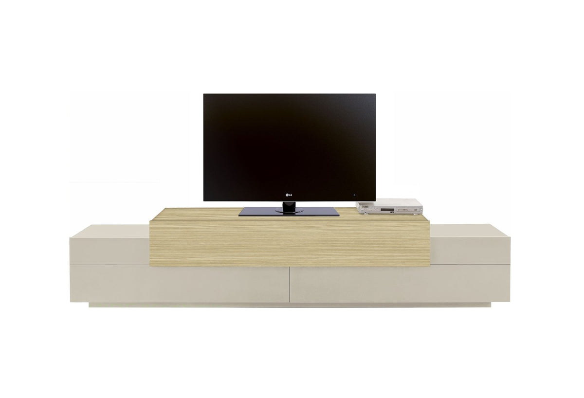 Porta TV CELESTIA cashmere con pannello centrale in legno chiaro, vista frontale su sfondo bianco #colore_Cashmere