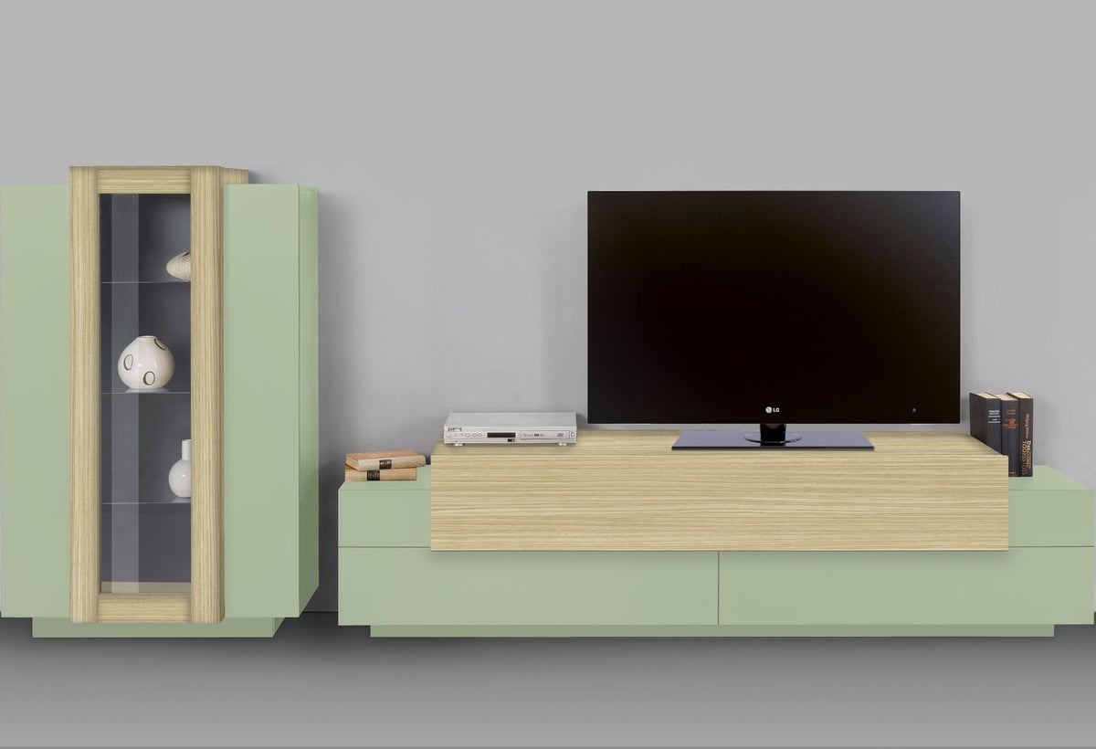 Rendering CELESTIA verde salvia con vetrina a sinistra e mobile basso sospeso a destra #colore_Verde
