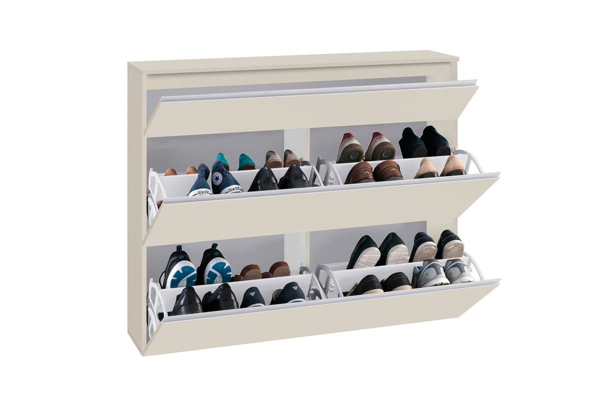 Scarpiera SATURNO cashmere a due colonne con tre ribalte aperte e scarpe, fondo bianco #colore_Cashmere