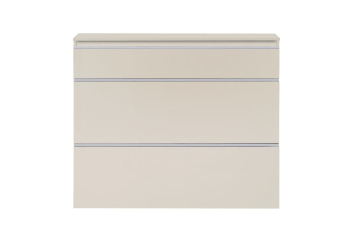 Scarpiera SATURNO cashmere frontale su fondo bianco con tre elementi orizzontali #colore_Cashmere