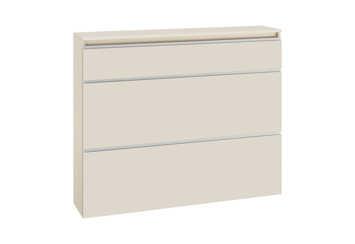 Scarpiera SATURNO cashmere di tre quarti su fondo bianco con maniglie a gola in alluminio #colore_Cashmere