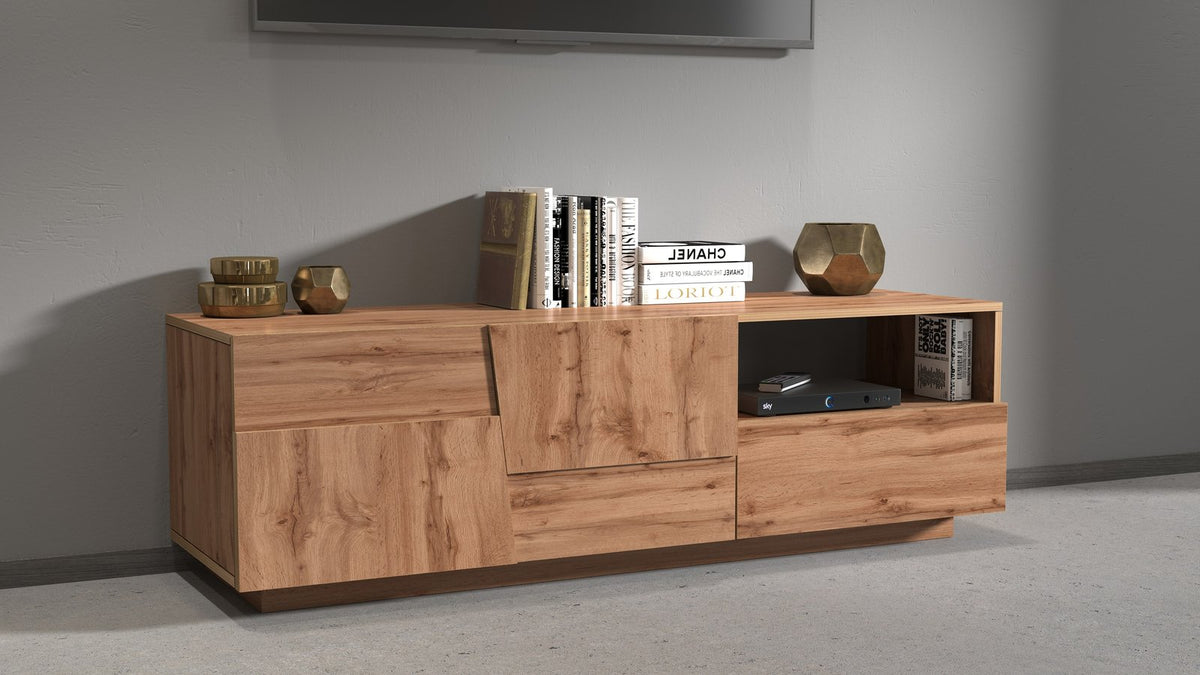 Porta TV INFINITY rovere in soggiorno con due cassetti e vano a giorno con decoder #colore_Rovere
