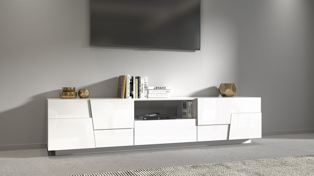Porta TV INFINITY bianco lucido a terra con TV sopra, vano centrale aperto #colore_Bianco Lucido