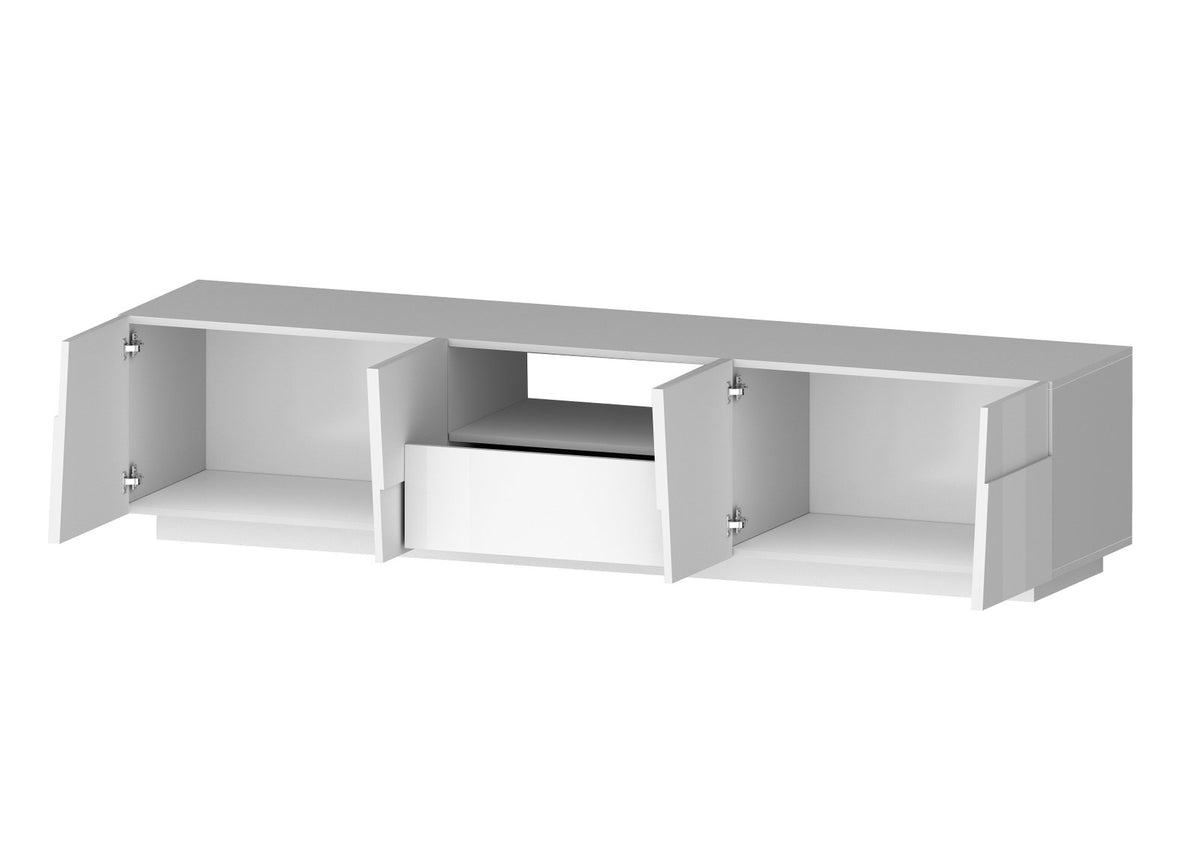 Porta TV INFINITY bianco lucido con ante aperte e cassetto centrale, vista di tre quarti #colore_Bianco Lucido