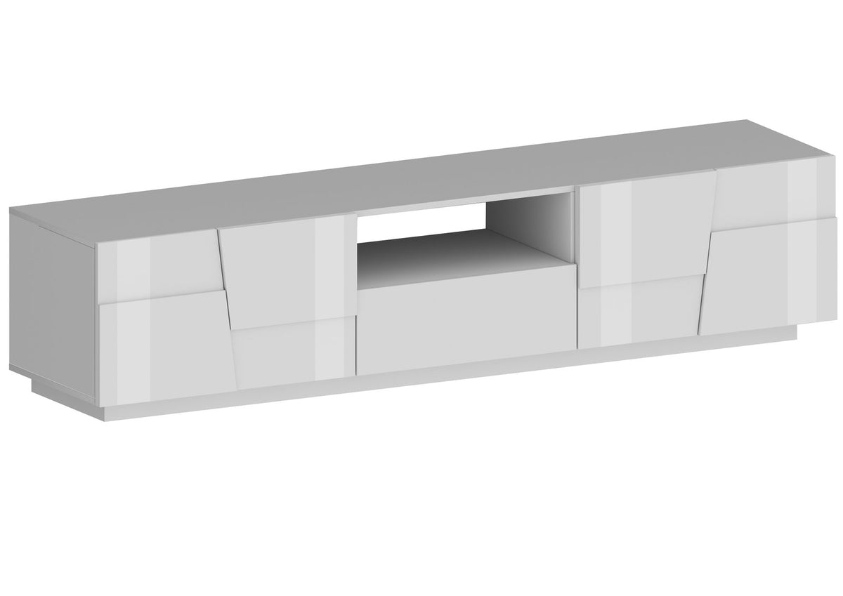 Porta TV INFINITY bianco lucido su fondo bianco, vista frontale con quattro ante e vano centrale #colore_Bianco Lucido
