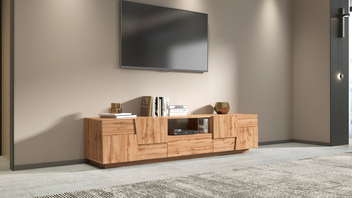 Porta TV INFINITY rovere a terra in soggiorno con maniglie a gola e vano centrale aperto #colore_Rovere