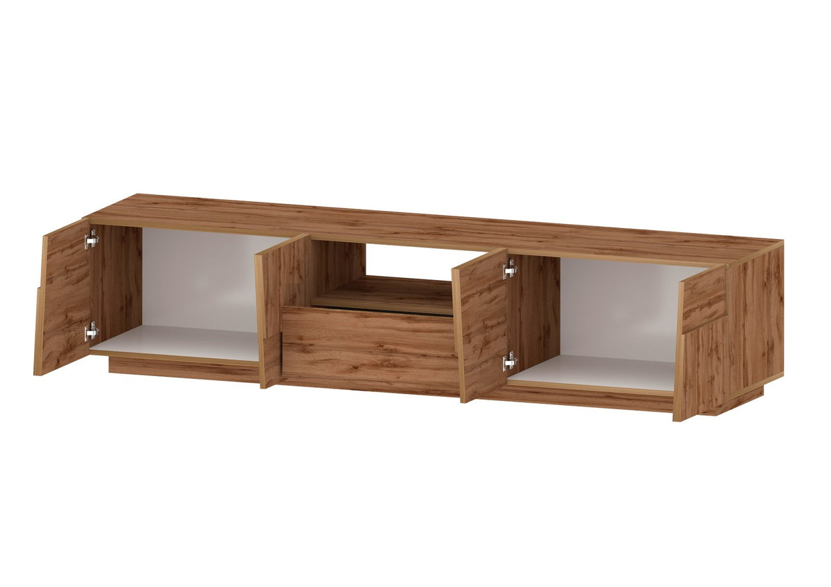 Porta TV INFINITY rovere con ante aperte e cassetto centrale estratto su fondo bianco #colore_Rovere