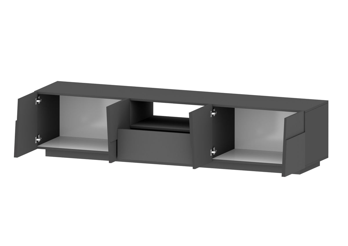 Porta TV INFINITY antracite opaco con quattro ante aperte e cassetto centrale #colore_Antracite Opaco