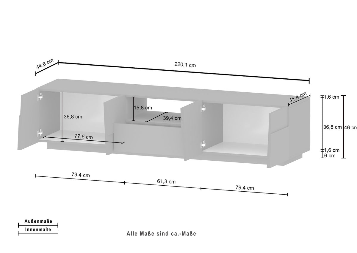 Porta TV INFINITY antracite opaco con ante aperte e quote dimensionali in centimetri su fondo bianco #colore_Antracite Opaco