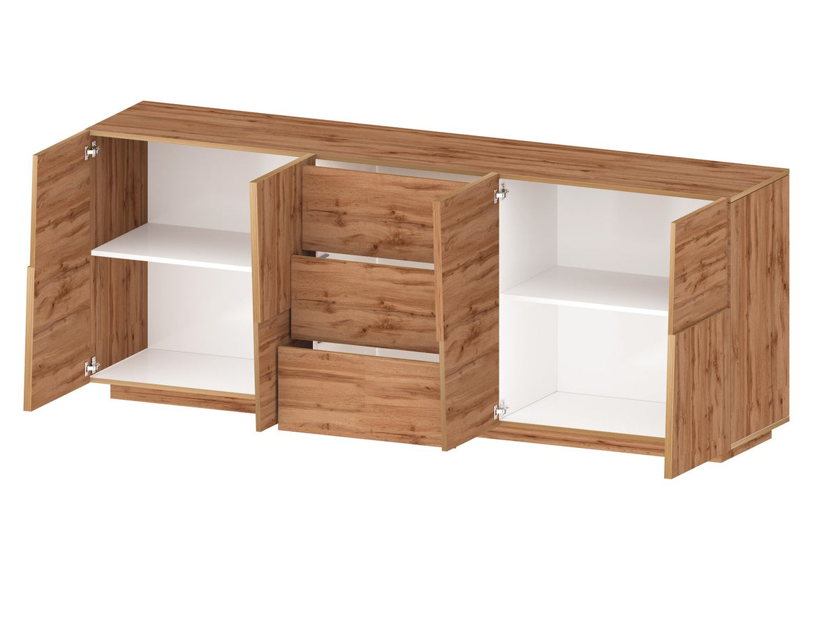 Credenza INFINITY rovere su sfondo bianco, con due ante aperte e tre cassetti al centro #colore_Rovere