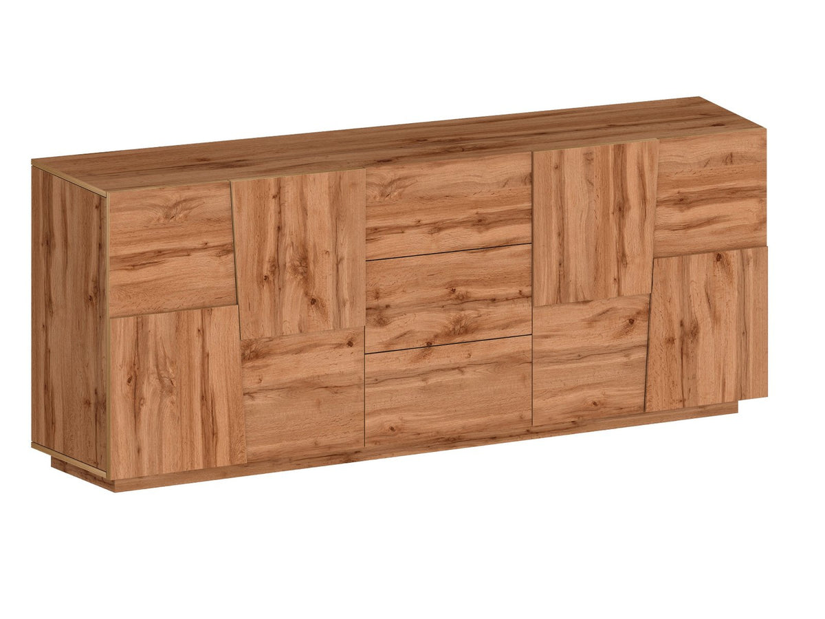 Rendering della credenza INFINITY rovere su sfondo bianco, vista di tre quarti dei pannelli #colore_Rovere