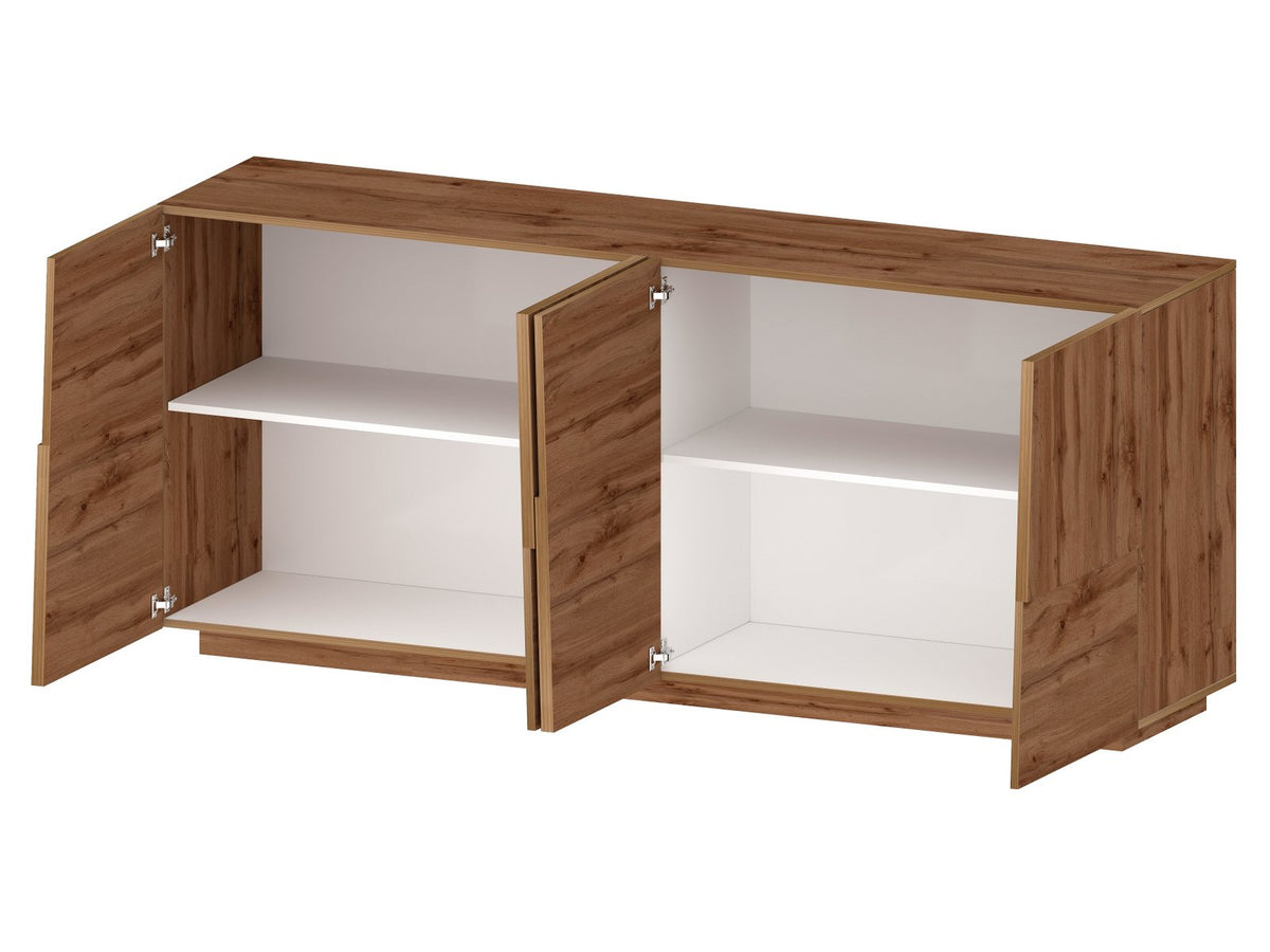 Credenza INFINITY rovere con quattro ante aperte e ripiani bianchi interni, vista laterale #colore_Rovere