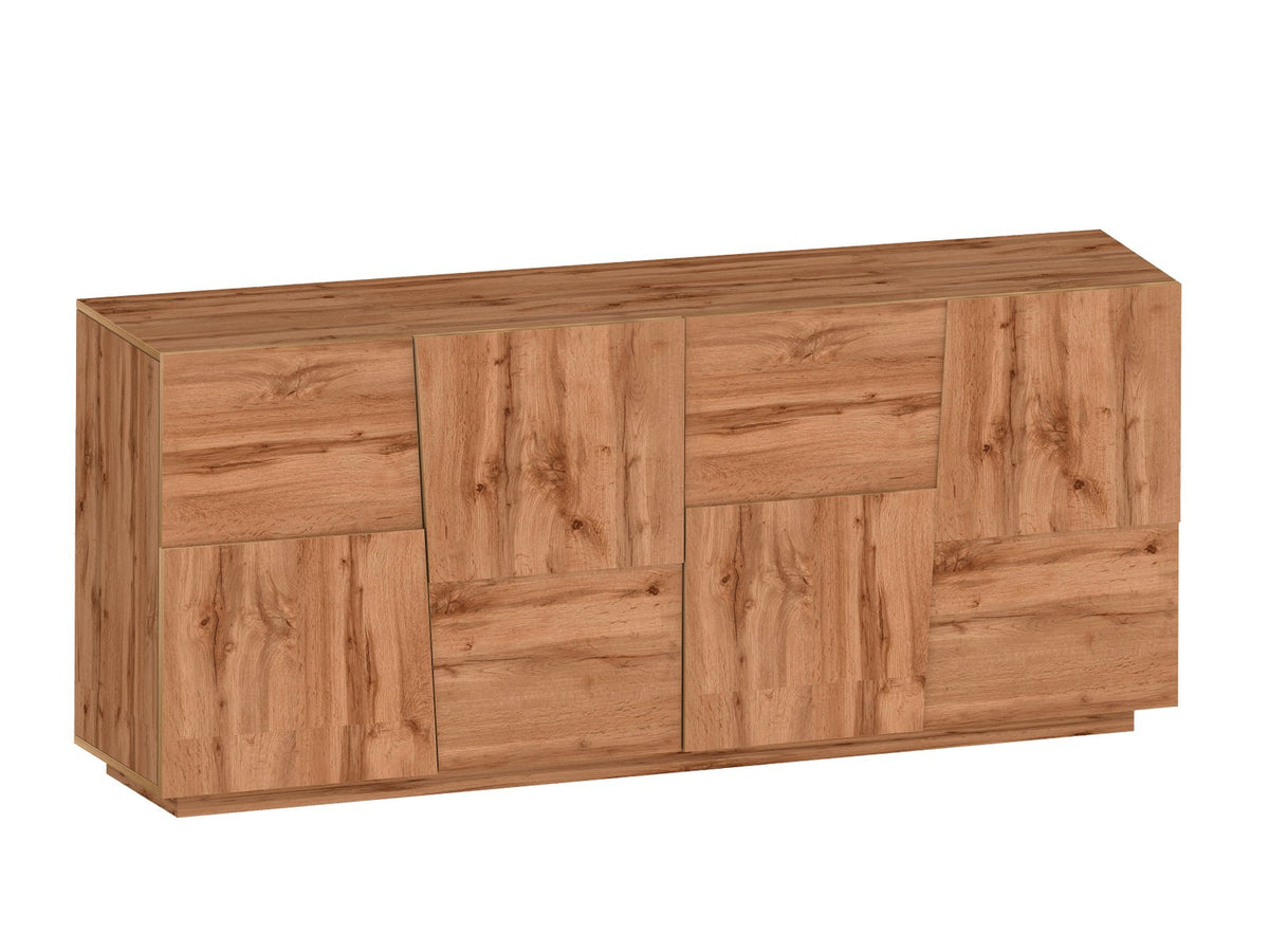 Credenza INFINITY rovere chiusa su fondo bianco, vista di tre quarti con zoccolo basso #colore_Rovere