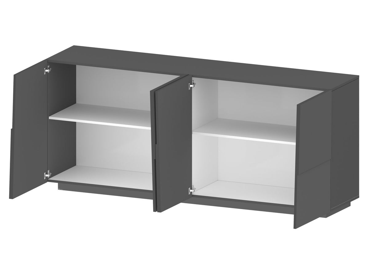 Credenza INFINITY antracite opaco con quattro ante aperte e interno bianco, su fondo bianco #colore_Antracite Opaco