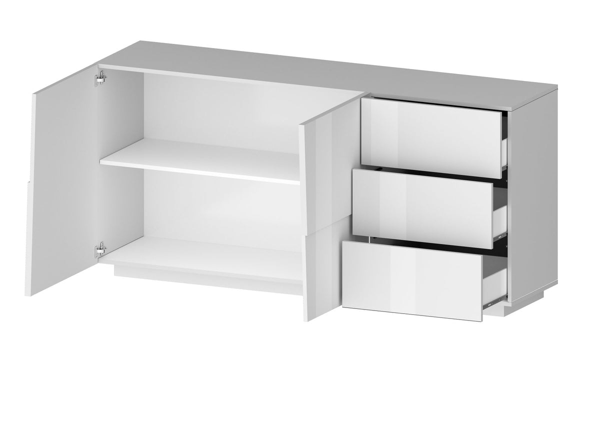 Credenza INFINITY bianco lucido con ante aperte e cassetti estratti su sfondo bianco #colore_Bianco Lucido